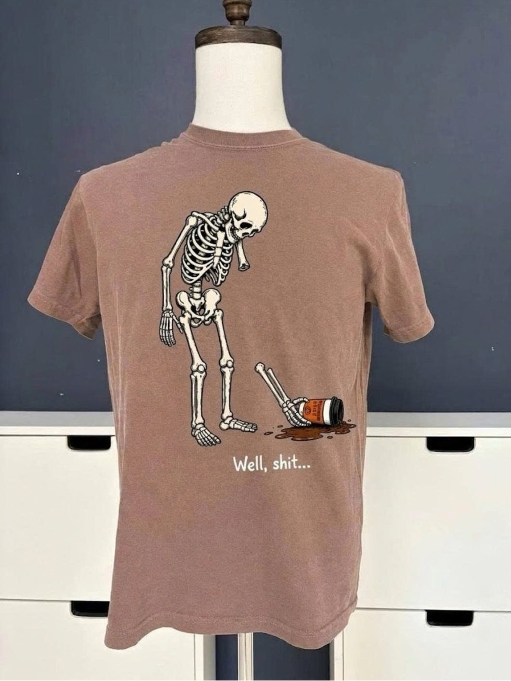 Men's Brown Graphic Skeleton Tee with Humorous Text